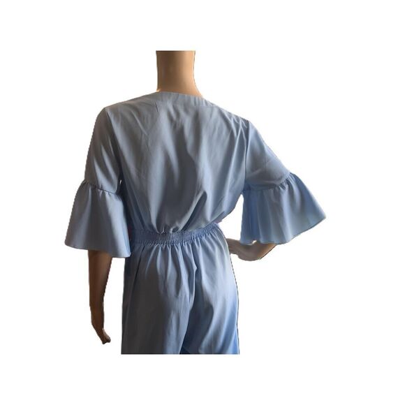 SHEIN Light Blue Bell Sleeves V-Neck Elastic Waist Tie Jumpsuit Size S - Picture 8 of 15
